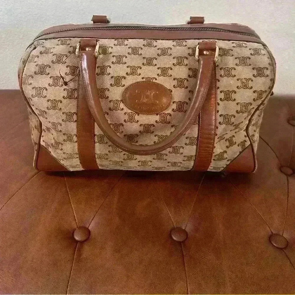 Authentic CELINE Blason pattern Suede Handbag Bostonbag Beige Vintage w/COA - Picture 4 of 14